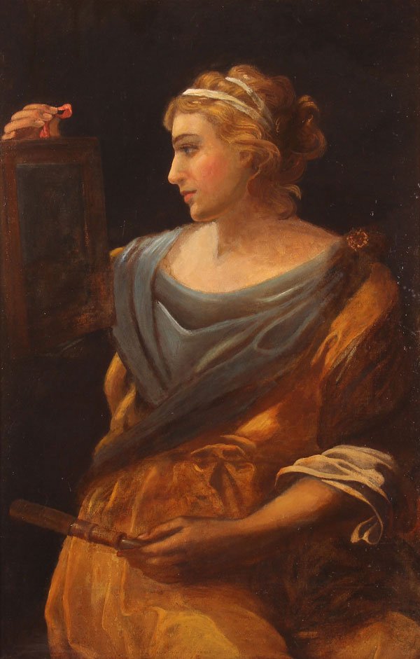 Large Old Master Style Painting: CONTINENTAL SCHOOL(19th century) Vanity Oil on canvas Unsigned 40 inches x 26 inches (101.6 x 66 cm); overall 45.75 inches x 31.75 inches (116 x 80.5 cm)