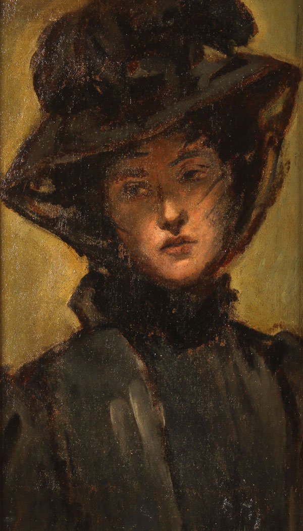 19th Century Oil Painting of Woman: CONTINENTAL SCHOOL(19th century) A Young Beauty in Hat and Scarf Oil on canvas Unsigned 23.5 inches x 14 inches (59.8 x 35.6 cm); overall 27.5 inches x 17.5 inches (69.7 x 44.7 cm)