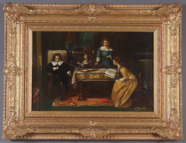 Signed European Oil Painting, 19th C.: CONTINENTAL SCHOOL(19th century) An Interior Parlor Scene Oil on canvas Signed lower right N. Durant 16 inches x 24 inches (40.6 x 61 cm); overall 34.25 inches x 26.25 inches (87 x 66.6 cm)