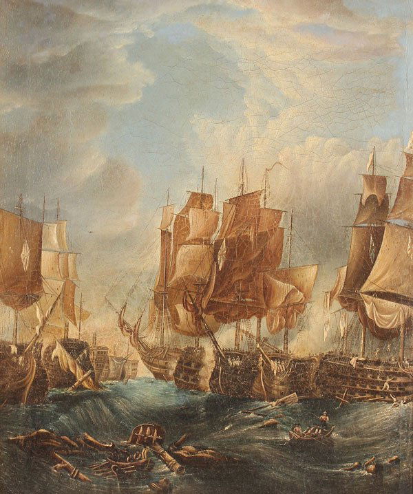 Old European Marine Battle Painting: Follower of PETER MULIER THE ELDER(Dutch 1615-1670)Aftermath of a Naval Battle Oil on canvasUnsigned26 inches x 22 inches (66 x 55.8 cm); overall 32 inches x 28 inches (80.3 x 71.1 cm)