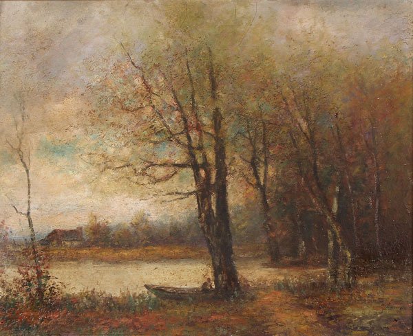 Signed American Painting, 19th C.: AMERICAN SCHOOL(19th century) Misty Autumn Landscape Oil on board Perhaps indistinguishably signed lower right 19 inches x 23.75 inches (48.2 x 60.4 cm); overall 24.5 inches x 29 inches (62.3 x 73.7 c