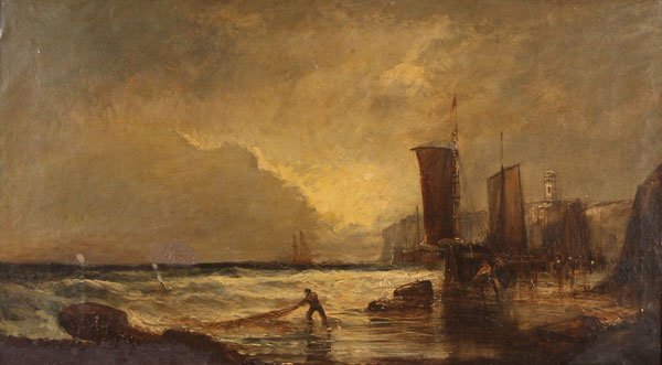 Large British Oil Painting, 19th C.: BRITISH SCHOOL(19th century)Bringing in the Nets Oil on canvasApparently unsigned18 inches x 32 inches (45.7 x 81.3 cm); overall 26 inches x 40 inches (66 x 101.6 cm)