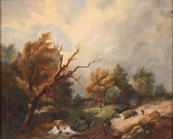 German Oil Painting Circa 1860: GERMAN SCHOOL(19th century)Travelers in a Landscape- circa 1860Oil on canvasUnsigned13 inches x 16 inches (33 x 40.6 cm); overall 16.25 inches x 19.25 inches (41.2 x 48.8 cm)