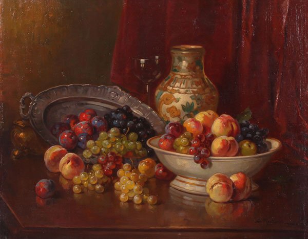 Austrian Oil Painting, Signed: ANTON RAUFER-REDTWITZ(Austrian 1871-1965) Still Life with Fruit Oil on canvas laid down Signed lower right "A. Redtwitz" 22.1 inches x 27.8 inches (56.1 x 71 cm).