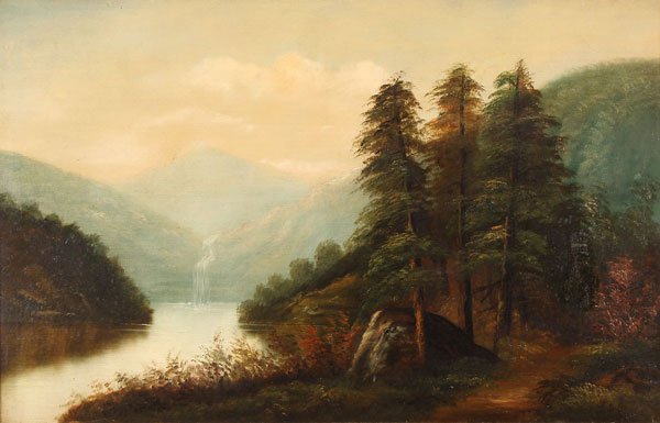 Large Hudson River Painting Dated 1888: HUDSON RIVER SCHOOL(19th century) Expansive Landscape with Waterfall- 1888 Oil on canvas Initialed and dated lower right "L.S.S. 88" 22 inches x 34 inches (55.8 x 86.4 cm); overall 36.5 inches x 24.75