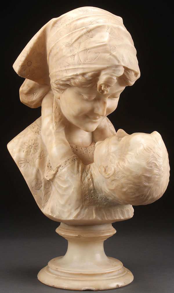 AN ITALIAN CARVED ALABASTER SCULPTURE OF A MOTHER: AN ITALIAN CARVED ALABASTER SCULPTURE OF A MOTHER AND CHILD, CIRCA 1920. Carved in full round and resting on integral plinth. The verso inscribed A. Malavolti (Angelo Malavolti, Italian 1876-1947). Lo