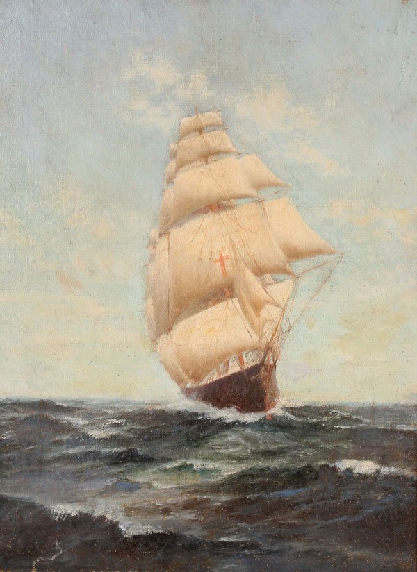 19th C. Marine Oil Painting: AMERICAN SCHOOLA Sailing Ship- circa 1890Oil on canvasIndistinguishably signed lower left16.25 inches x 12.25 inches (41.3 x 31 cm); overall 20 inches x 16.25 inches (50.8 x 41.3 cm)