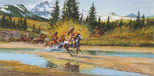 American Indian Watercolor, Signed: PAUL ABRAM JR(American 1933-2005)War Party Watercolor and gouacheSigned lower left Paul Abram JR10 inches x 21 inches; overall 17.5 inches x 27.75 inches