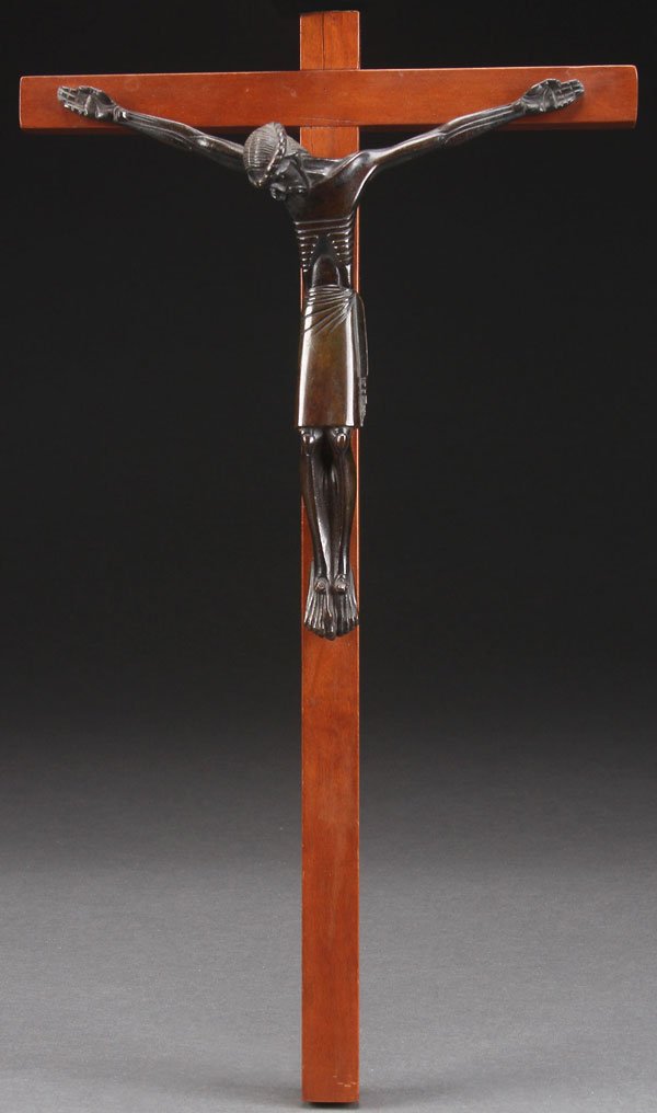 AN ORIGINAL LAMBERT RUCKI (POLISH/FRENCH 1888-196: AN ORIGINAL LAMBERT RUCKI (POLISH/FRENCH 1888-1967) BRONZE CORPUS CHRISTI. Dark brown patina, inscribed on side and mounted on wood cross. The corpus 8.3 inches (21.4 cm).