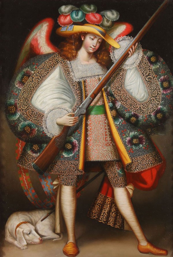 Large Cuzco Oil Painting: AN ORIGINAL OIL ON CANVAS PAINTING OF THE ARCHANGEL RAPHAEL, CUZCO SCHOOL, ROBLES PIAZZINI (PERUVIAN 20TH CENTURY). Signed Robles Piazzini. 42 inches x 28.75 inches (106.7 x 73 cm).