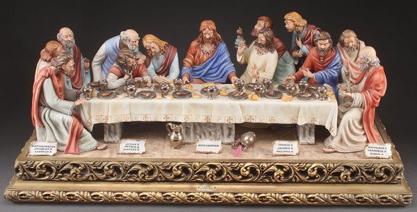 A LARGE AND IMPRESSIVE CAPODIMONTE PORCELAIN GROU: A LARGE AND IMPRESSIVE CAPODIMONTE PORCELAIN GROUP OF THE LAST SUPPER, 2ND HALF 20TH CENTURY. Sculpted in full round and decorated in natural colors. Artist signed Cortese and stamped 500. Height 13.2