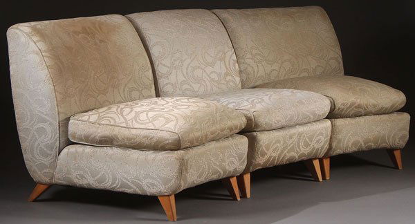 3 HEYWOOD WAKEFIELD UPHOLSTERED SECTIONAL CHAIRS: THREE HAYWOOD WAKEFIELD UPHOLSTERED SECTIONAL CHAIRS, MID 20TH CENTURY. With original upholstery, comprising two M333 curved single fillers and one M350 single filler. Height 32 inches. Some stains an