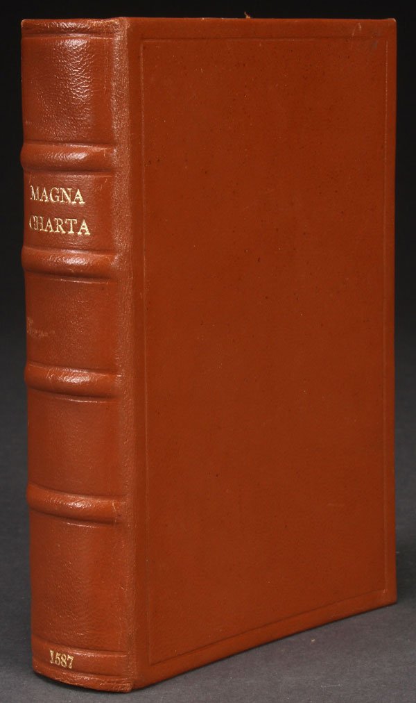 AN EARLY EDITION OF MAGNA CARTA, DATED 1587.: AN EARLY EDITION OF MAGNA CARTA, DATED 1587. The back page "Imprinted at London in Fleetstreet, within Temple Barre, at the signe of the hand and starre by Richard Cotteil, anno do. 1587", appears com