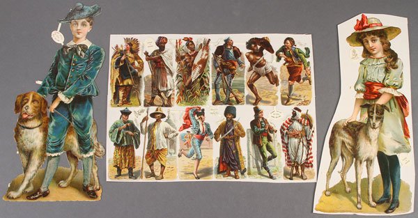 EIGHT VICTORIAN LITHOGRAPH DIE-CUTS: A FINE GROUP OF EIGHT VICTORIAN LITHOGRAPH DIE-CUT IMAGES. Mostly Raphael Tuck & Sons, comprising a large "Races of Man Kind" with twelve ethnic figures, a large young girl with hound, a boy with St. 