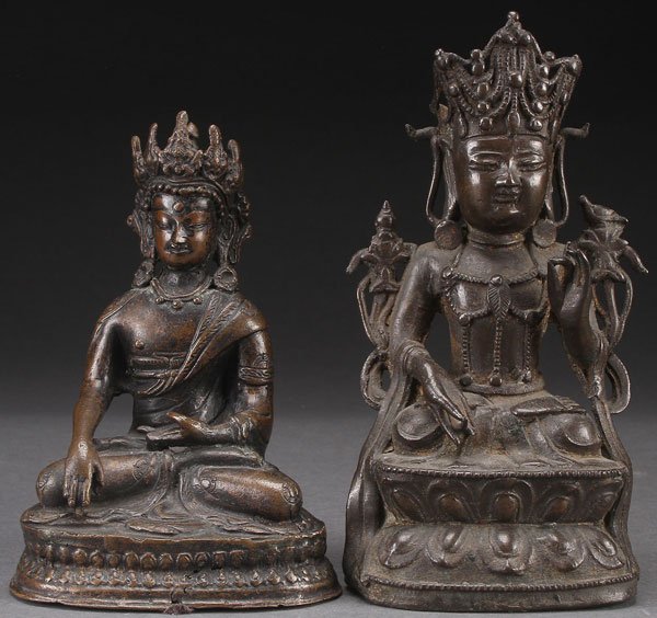 2 BUDDHIST BRONZE DEITIES, PROBABLY 19TH CENTURY: TWO BUDDHIST BRONZE DEITIES, PROBABLY 19TH CENTURY, PERHAPS EARLIER. Comprising a Tibetan Shakyamuni Buddha with crown, and a Chinese figure of Bodhisattva seated on a double lotus throne. Largest hei