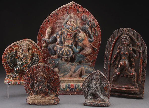 FIVE POLYCHROME BUDDHIST STELES: A GROUP OF FIVE POLYCHROME BUDDHIST DEITIES, 20TH CENTURY. In molded earthenware with polychrome and gilt decoration, some repairs, all displaying Jian Ding export seal. Largest height 16.5 inches (42