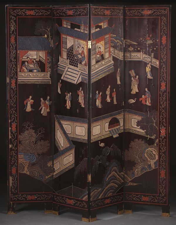 A CHINESE FOUR PANEL FOLDING COROMANDEL SCREEN: A CHINESE FOUR PANEL FOLDING COROMANDEL SCREEN, EARLY 20TH CENTURY. Wood, papier-mâché, and lacquer with colorful scenes of pagodas, figures and landscapes. The verso decorated with prunus and birds