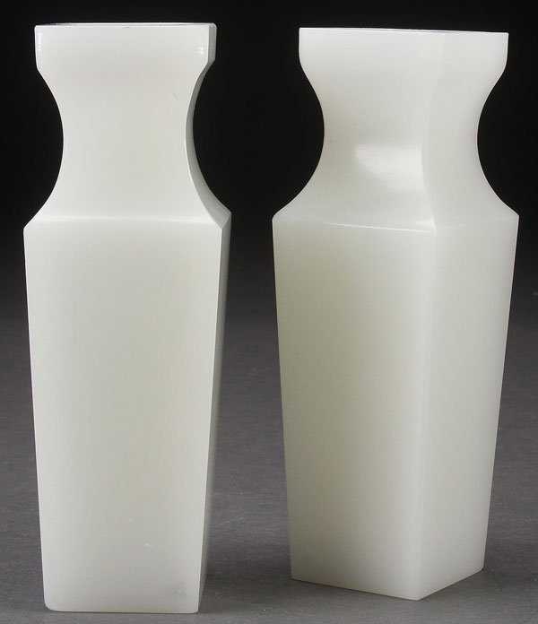 A PAIR OF CHINESE WHITE GLASS ALTAR VASES, 20TH C: A PAIR OF CHINESE WHITE GLASS ALTAR VASES, 20TH CENTURY. Of cut and polished panel form in icy colored semi-translucent glass, in incised reign marks. Height 6.6 inches (16.7 cm).