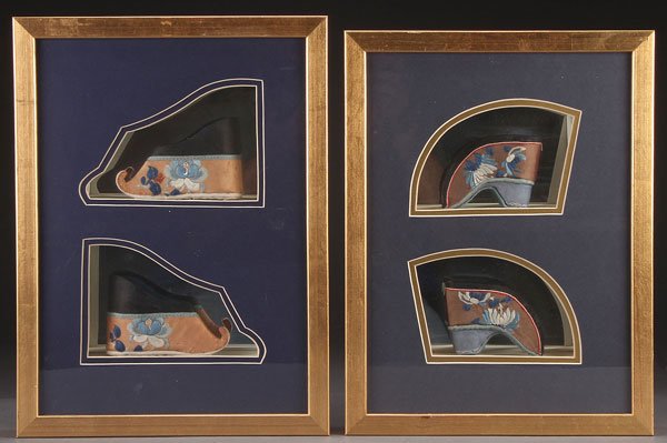 TWO PAIRS ORIENTAL EMBROIDERED SILK BOUND FOOT SHOES: TWO PAIRS OF VERY FINE ORIENTAL EMBROIDERED SILK BOUND FOOT SHOES, EARLY 20TH CENTURY. Each displayed in mirrored shadow box frames. 16.5 inches x 12.5 inches (42 x 32 cm) overall.