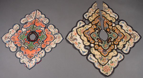 A PAIR OF CHINESE EMBROIDERED PI LING SILK COLLAR: A PAIR OF CHINESE EMBROIDERED PI LING SILK COLLARS, PROBABLY LATE 19TH CENTURY. Of squared form with ruyi shape corners, comprising three overlapping layers and finely embroidered with dragons, phoeni