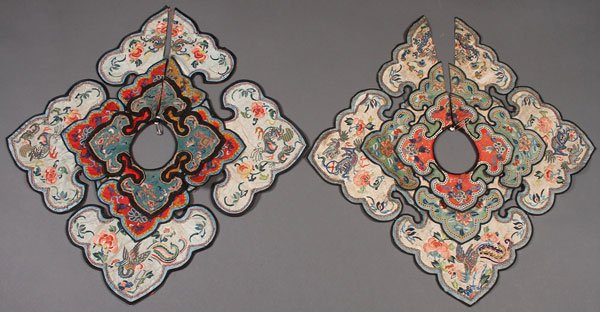 A PAIR OF CHINESE EMBROIDERED PI LING SILK COLLAR: A PAIR OF CHINESE EMBROIDERED PI LING SILK COLLARS, PROBABLY LATE 19TH CENTURY. Of squared form with ruyi shape corners, comprising three overlapping layers and finely embroidered with dragons, phoeni