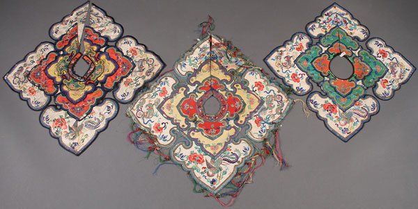 A GROUP OF THREE CHINESE EMBROIDERED PI LING SILK: A GROUP OF THREE CHINESE EMBROIDERED PI LING SILK COLLARS, PROBABLY LATE 19TH CENTURY. Of squared form with ruyi shape corners, comprising three overlapping layers and finely embroidered with dragons,