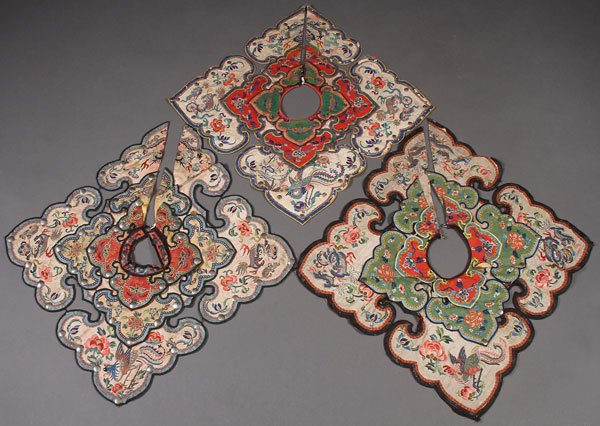 A GROUP OF THREE CHINESE EMBROIDERED PI LING SILK: A GROUP OF THREE CHINESE EMBROIDERED PI LING SILK COLLARS, PROBABLY LATE 19TH CENTURY. Of squared form with ruyi shape corners, comprising three overlapping layers and finely embroidered with dragons 