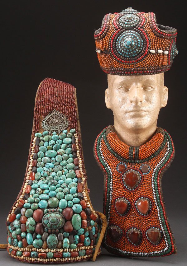 TWO TIBETAN LADAKH RITUAL PERAK (HEADDRESS): A TWO TIBETAN LADAKH RITUAL PERAK (HEADDRESS), 20TH CENTURY. Comprising a head piece overlaid with turquoise and amber nuggets, outlined with river pearls and mahogany beadwork. A similar head piece o