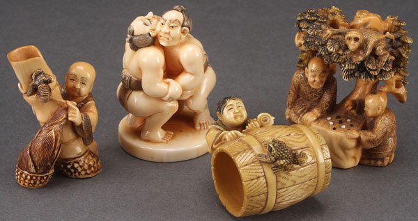 5 JAPANESE CARVED IVORY NETSUKES, PROBABLY MEIJI: FIVE JAPANESE CARVED IVORY NETSUKES, PROBABLY MEIJI PERIOD. Comprising a traveler, a man with geisha, a scholar, horse with monkey and a bundle of rats. The largest 2 inches (5 cm).