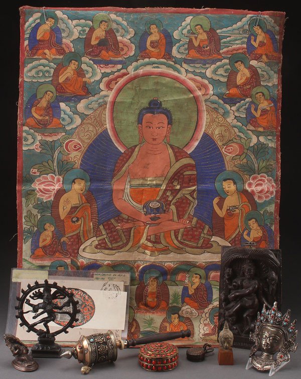 AN ORIENTAL DECORATIVE ARTS GROUP: AN ORIENTAL DECORATIVE ARTS GROUP, MOSTLY 20TH CENTURY. 9 pieces comprising a large hand painted Tibetan thangka, a Tibetan bronze deity, a silvered and gilt Nepal prayer wheel, a gilt and coral mount