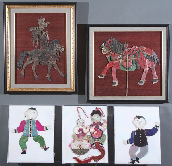 A GROUP OF INDONESIAN AND CHINESE PUPPETS, 20TH C: A GROUP OF INDONESIAN AND CHINESE PUPPETS, 20TH CENTURY. Comprising an Indonesian die-cut and polychrome vellum equestrian figure and riderless horse, and four Chinese stitched and padded silk figures