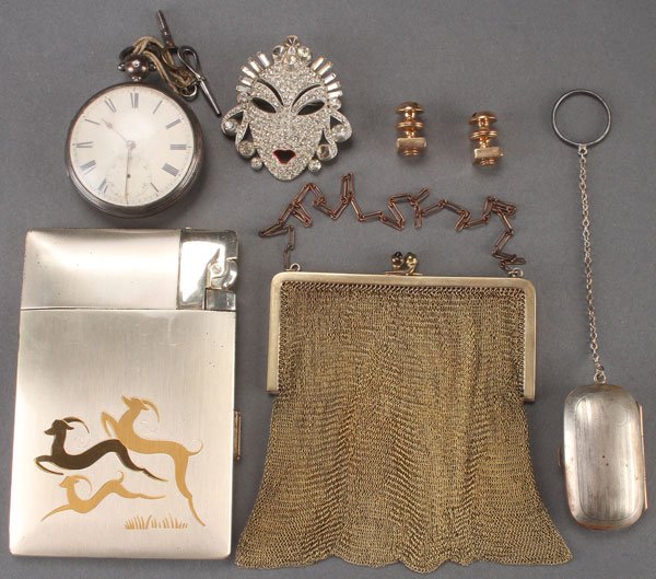 A 19TH/EARLY 20TH CENTURY DECORATIVE ARTS GROUP.: A 19TH/EARLY 20TH CENTURY DECORATIVE ARTS GROUP. Comprising a sterling cased key wind pocket watch, an Art Deco Elgin cigarette case with lighter, a silver plated coin or token holder, a pair of nut a