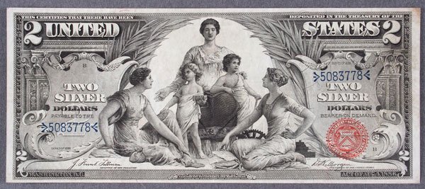 A RARE U.S. TWO DOLLAR EDUCATIONAL NOTE. Silver c: A RARE U.S. TWO DOLLAR EDUCATIONAL NOTE. Silver certificate series 1896, Friedberg #247, second note in the Educational Series, depicting Science presenting Steam and Electricity to Commerce and Manuf