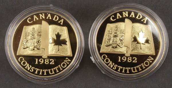 TWO 1982 CONSTITUTION $100 CANADIAN GOLD MAPLE LE: TWO 1982 CONSTITUTION $100 CANADIAN GOLD MAPLE LEAF PROOFS. Each in leather cases. Provenance: From a prominent Midwest estate and being sold with no reserve.
