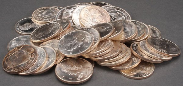 50 1 OZ. SILVER ROUNDS. Mixed designs after U.S.: 50 1 OZ. SILVER ROUNDS. Mixed designs after U.S. coins, including Lincoln cent, Mercury dime, Buffalo nickel and Morgan dollar. Provenance:From a prominent Midwest estate and being sold with no reserv