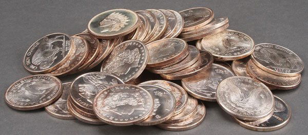 50 1 OZ. SILVER ROUNDS. Mixed designs after U.S.: 50 1 OZ. SILVER ROUNDS. Mixed designs after U.S. coins, including Buffalo nickel, Mercury dime, and seated, Morgan and Peace dollars. Provenance:From a prominent Midwest estate and being sold with no