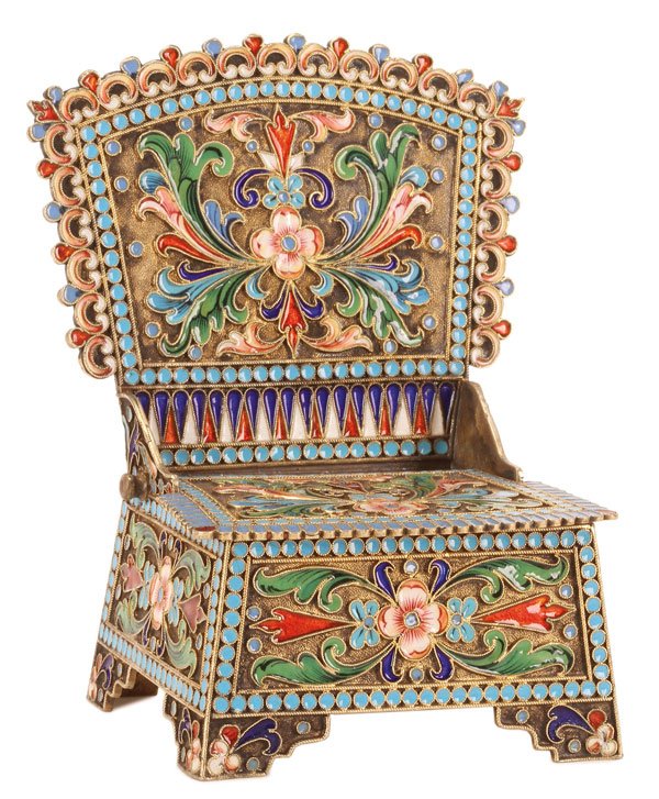 A RUSSIAN SILVER AND ENAMEL SALT CHAIR: A RUSSIAN SILVER-GILT, CLOISONNÉ AND SHADED ENAMEL SALT CHAIR, OVCHINNIKOV, MOSCOW, 1897-1908. The sides, hinged lid, and front and back of seat rest overall decorated with floral and geometric motif
