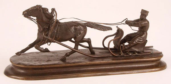 RUSSIAN BRONZE BY GRACHEV: ALEXEI PETROVITCH GRACHEV(Russian 1780-1850)Winter Sledding Scene- circa 1875Bronze with dark brown patinaSigned on base in Cyrillic "Grachev," and in Cyrillic K.F. Woerffel Foundry, St. PetersburgLen