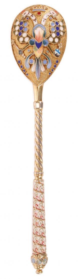 RUSSIAN SILVER AND ENAMELED SPOON, RUCKERT: A RUSSIAN SILVER-GILT, SHADED AND CLOISONNÉ ENAMELED SPOON, FEODOR RUCKERT, MOSCOW, 1899-1908. The almond shaped bowl with cloisonné and shaded Imperial double headed eagle beneath the royal crown a