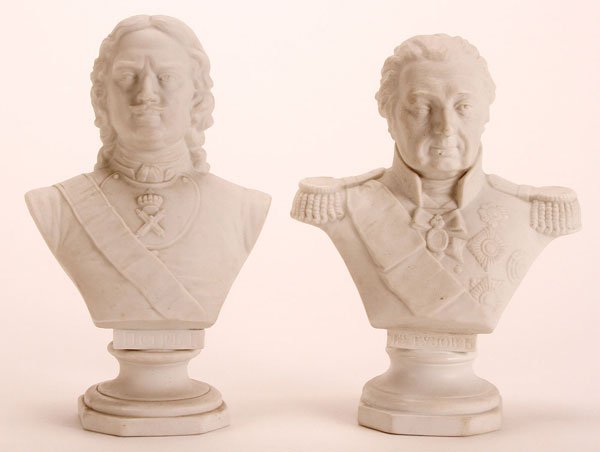 PAIR OF RUSSIAN BISQUE PORCELAIN PORTRAIT BUSTS: A PAIR OF RUSSIAN BISQUE PORCELAIN PORTRAIT BUSTS, 19TH CENTURY. Depicting Peter the Great and Field Marshall Mikhail Kutuzov, both finely modeled with good detail and with names in Russian on base. I