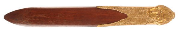 A FINE RUSSIAN GILT MOUNTED ROSEWOOD PAPER KNIFE: A FINE RUSSIAN GILT MOUNTED ROSEWOOD PAPER KNIFE, CIRCA 1900. The polished rosewood blade mounted with a gilded metal handle in the form of the head of a Bogatyr wearing helmet and chain mail armor. L