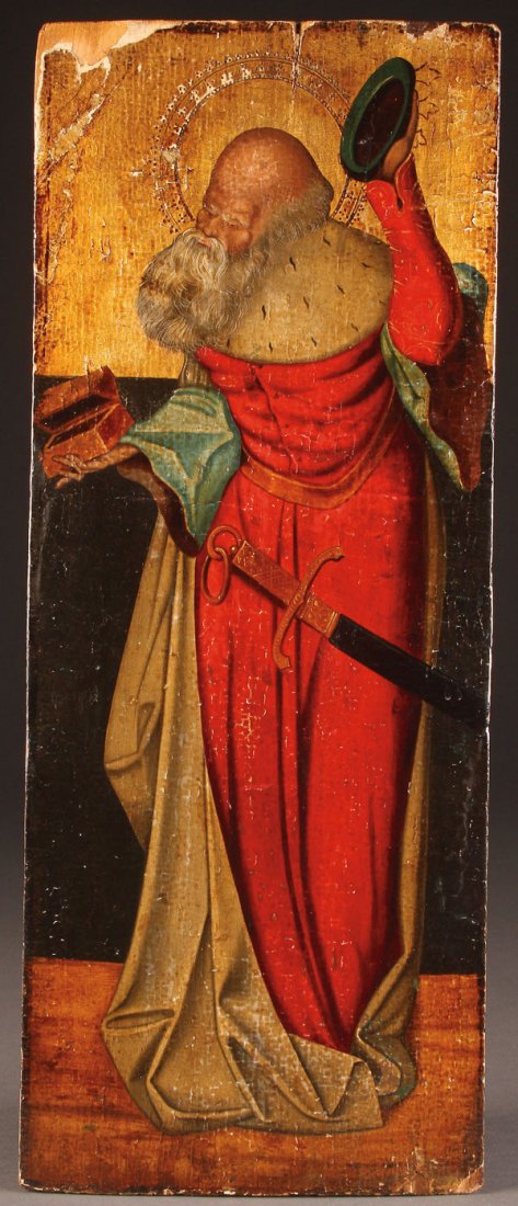 GERMAN SCHOOL PAINTING FRAGMENT, 15TH CENTURY: GERMAN SCHOOL(15th century)A Magi Presenting a Gift to the Newborn Christ- a fragment of a larger panelOil on a gessoed and gilt-wood panel19.75 x 8 inches (50.2 x 20.2 cm)Provenance:Private co
