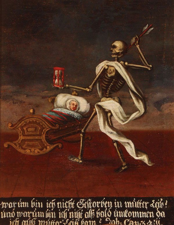18TH C. MEMENTO MORI OIL PAINTING: GERMAN SCHOOL(18th century)A Memento Mori Oil on canvasThe lower margin inscribed in German with text based on Job 3:1118 inches x 14 inches (46 x 36 cm)