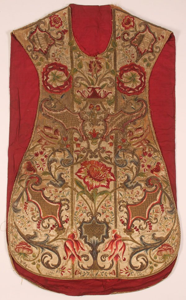 AN ITALIAN SILK HAND EMBROIDERED CHASUBLE, 17TH C: AN ITALIAN SILK HAND EMBROIDERED CHASUBLE, 17TH CENTURY. Overall embroidered with large floral forms and scrolling vines, worked in colored silk, bullion and silver thread. 43 inches (110 cm); 25 inch