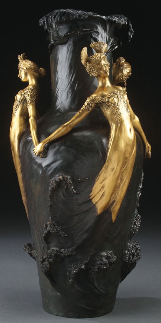 LOUIS CHALON GILT BRONZE: LOUIS CHALON(French 1866-1940) Sea Sprites- circa 1895 Bronze with dark brown and gold patina Inscribed on base "L. Chalon" Height 18 inches (45.5 cm)