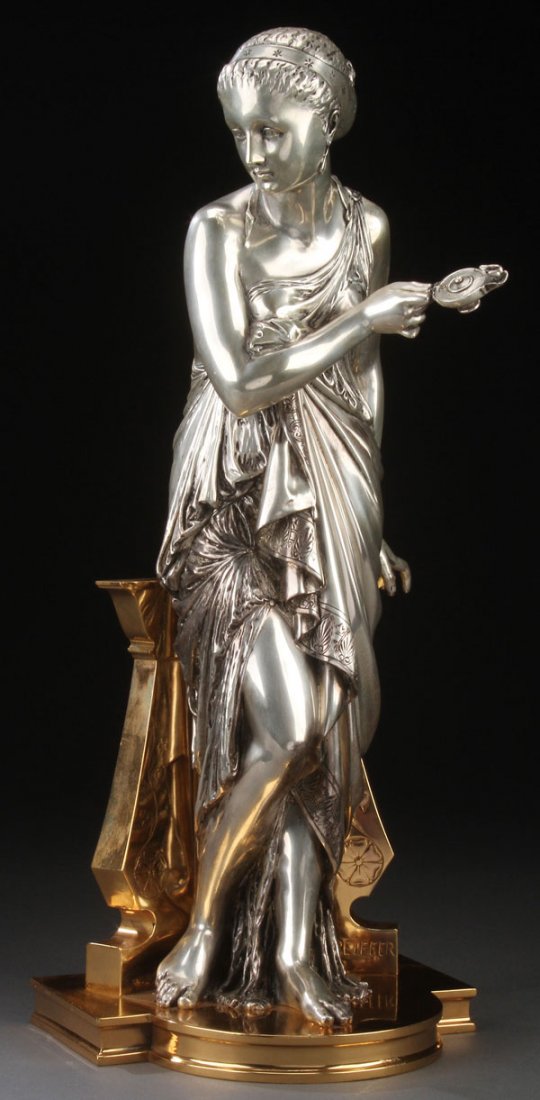 AUGUSTE JOSEPH PEIFFER BRONZE SCULPTURE: AUGUSTE JOSEPH PEIFFER(French 1832-1886) A Vestal Virgin Bronze with silver and gold patina Inscribed on base Height 19.5 inches (49.5 cm)