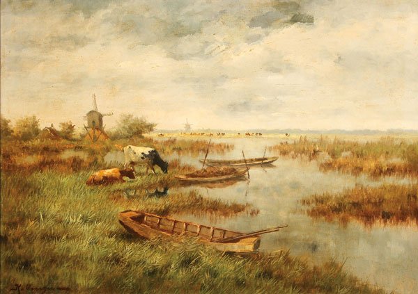 19TH CENTURY OIL PAINTING: CONTINENTAL SCHOOL(19th century) Expansive Landscape with Cattle and Windmill Oil on canvas Indistinguishably signed lower left 19.75 inches x 27.75 inches (50.2 x 70.5 cm)