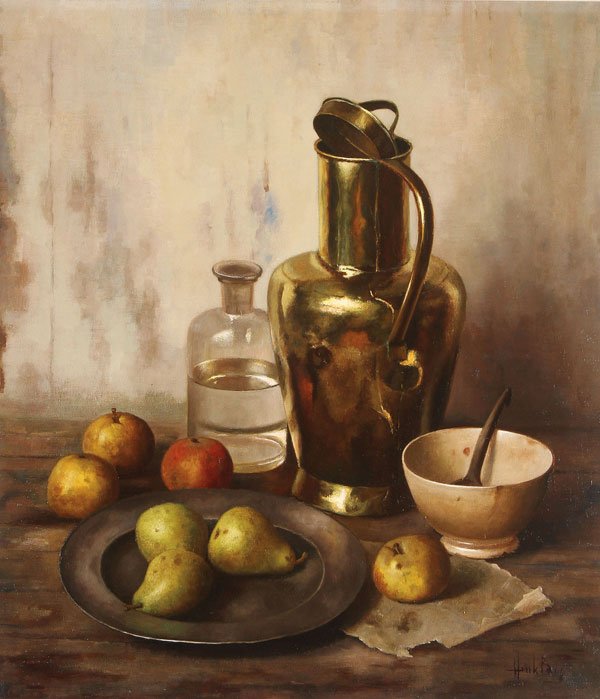 HENK BOS STILL LIFE PAINTING: HENK BOS(Dutch 1901-1979) Still Life with Copper Kettle and Fruit Oil on canvas Signed lower right 32 inches x 28 inches (81.3 x 71.1 cm)