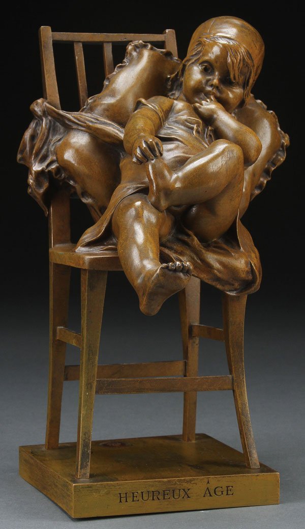 BRONZE BABY FIGURE, ARTIST SIGNED: JUAN CLARA AYATS(Spanish 1875-1958) Heureux Age- Happy Age Bronze with reddish brown patina Inscribed on base Juan-Clara together with foundry mark and engraved with title Height 9.5 inches (24.1 cm)