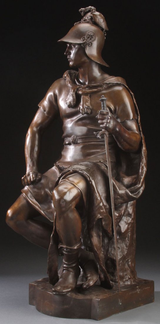 LARGE PAUL DUBOIS BRONZE: After PAUL DUBOIS(French 1827-1905) Le Courage Militaire Bronze with brown patina Inscribed on base F. Barbedienne, Fondour, and reduction stamp on verso Height 27 inches (68.6 cm)